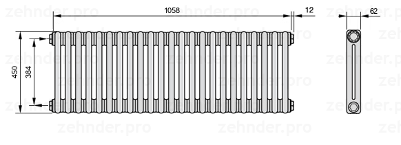 Схема (чертеж) Радиатор Zehnder Charleston 2045/23 №1270 Белый глянцевый RAL 9016